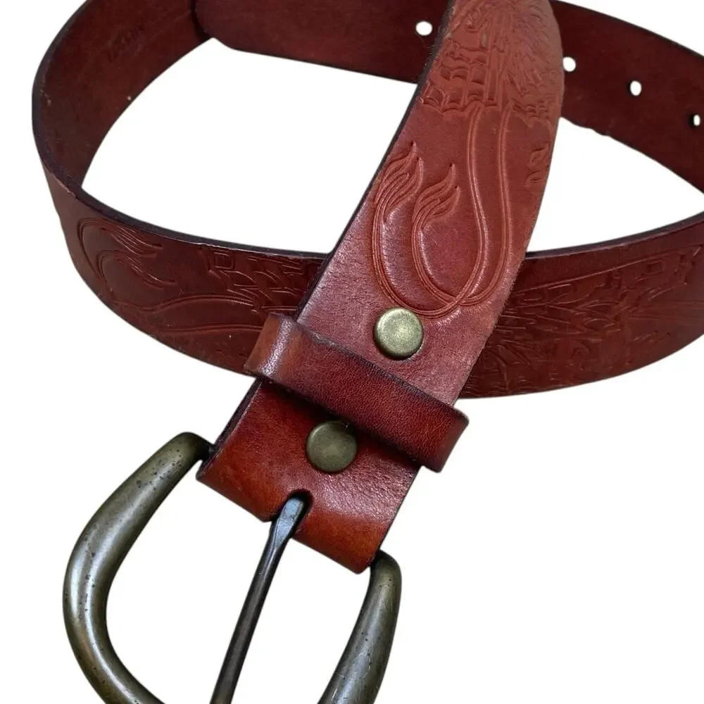 Vintage Fossil Boho Brown Leather Belt Size M Embossed Butterflies 29